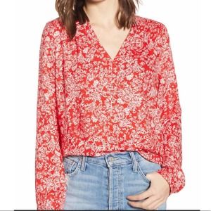 Hinge Women's Red/White Floral Garden Hi-Low Hem V-Neck Smocked Blouse sz XS